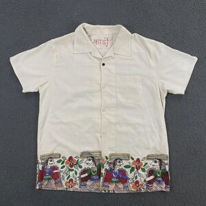 Kardo Camp Shirt Mens Medium Handcrafted Indian Art Border Print Cotton Loop